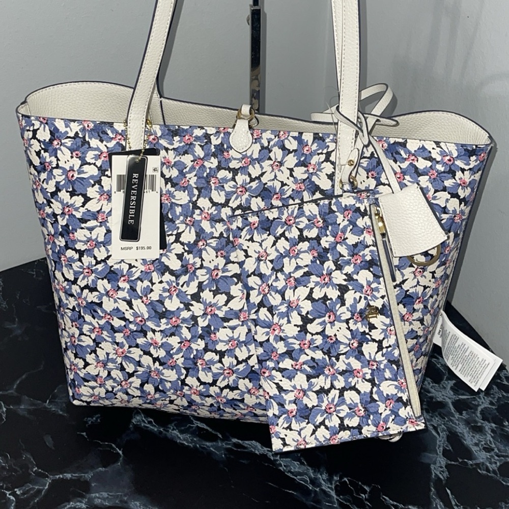 LAUREN RALPH LAUREN Bag Leather Print Tote Purple Vanilla/Breeze Floral w Pouch - Picture 7 of 14